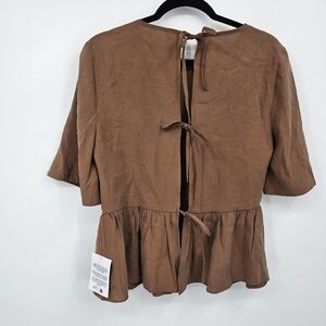 ASOS Brown Peplum Top Open Back Tie Blouse Short Sleeve Size S NWT